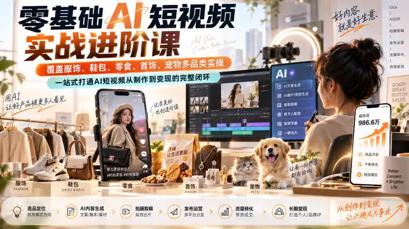 初创源码资源站 零基础AI短视频实战进阶课覆盖服饰鞋包零食首饰宠物多品类实操一站式打通AI短视频从制作到变现的完整闭环