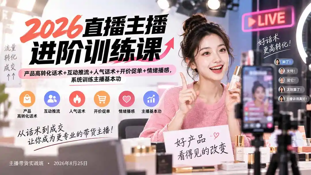 2026直播主播进阶训练课：产品高转化话术+互动推流+人气话术+开价促单+情绪播感，系统训练主播基本功-初创源码资源站