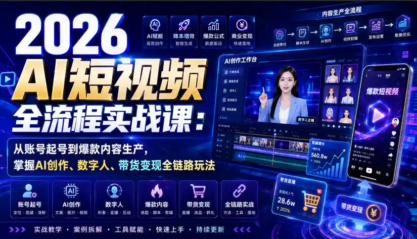 初创源码资源站 2026 AI短视频全流程实战课从账号起号到爆款内容生产掌握AI创作数字人带货变现全链路玩法