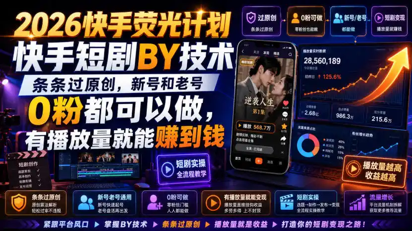 2026快手荧光计划，快手短剧搬运技术，条条过原创，新号和老号0粉都可以做，有播放量就能賺到钱-初创源码资源站