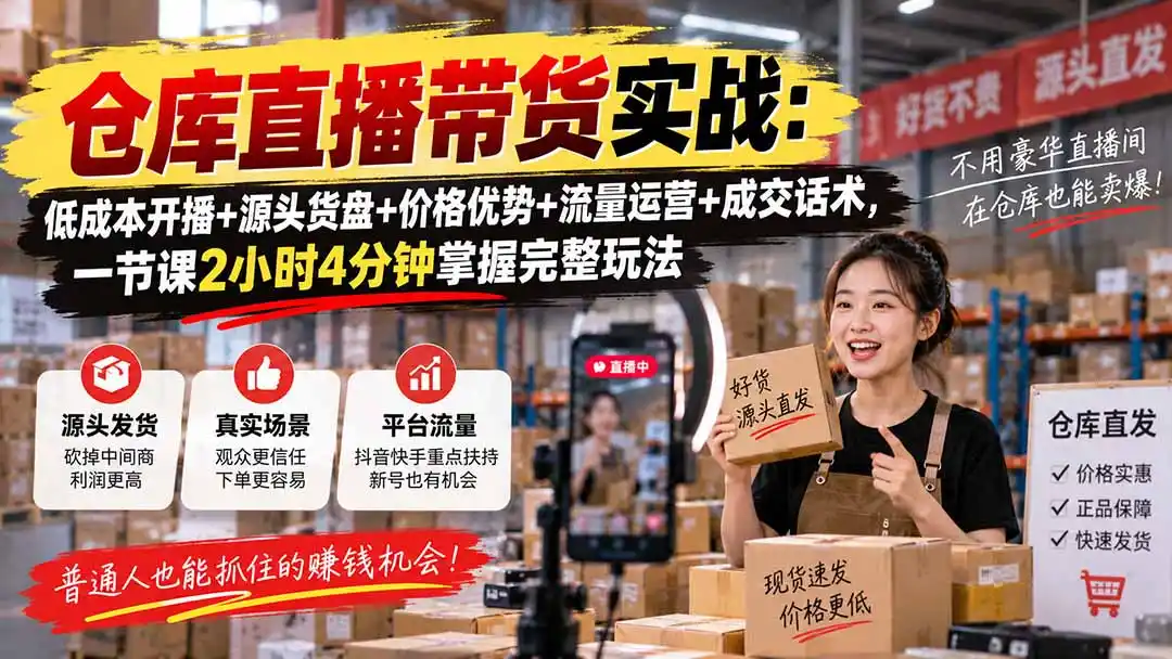 仓库直播带货实战：低成本开播+源头货盘+价格优势+流量运营+成交话术，一节课2小时4分钟掌握完整玩法-初创源码资源站