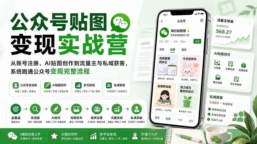 公众号贴图变现实战营：从账号注册、AI贴图创作到流量主与私域获客，系统跑通公众号变现完整流程-初创源码资源站