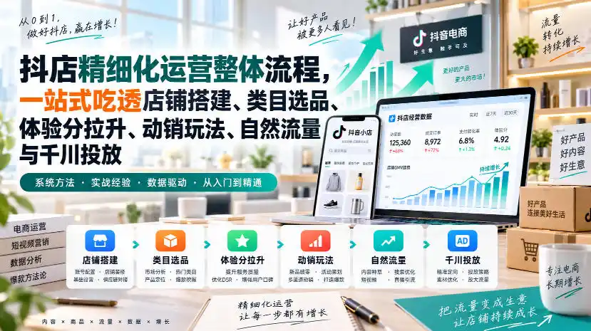 初创源码资源站 李哥电商 抖店精细化运营整体流程一站式吃透店铺搭建类目选品体验分拉升动销玩法自然流量与千川投放