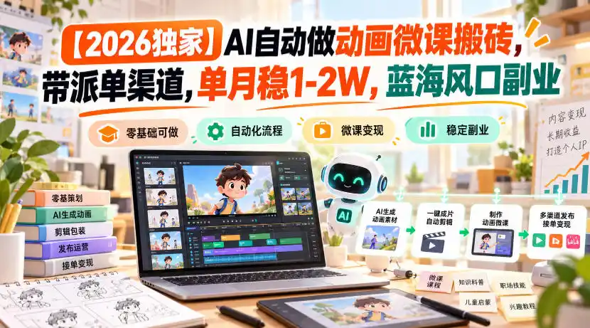 【2026独家】AI自动做动画微课搬砖，带派单渠道，单月稳1-2W，蓝海风口副业【揭秘】-初创源码资源站