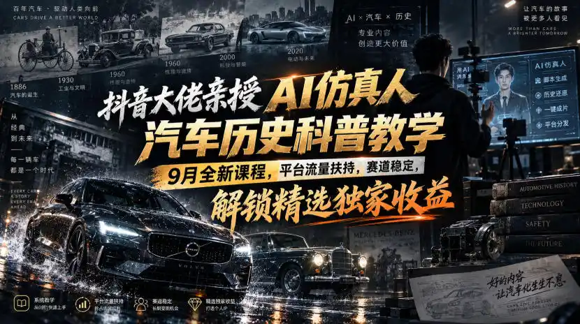 抖音大佬亲授AI仿真人汽车历史科普教学，9月全新课程，平台流量扶持，赛道稳定，解锁精选独家收益-初创源码资源站