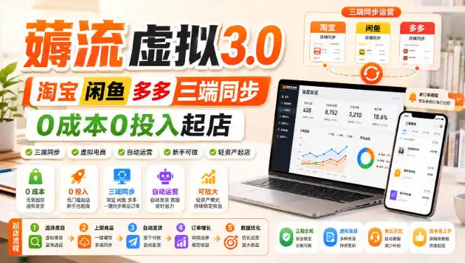 初创源码资源站 绅白不白薅流虚拟30丨淘宝闲鱼多多三端同步丨0成本0投入起店