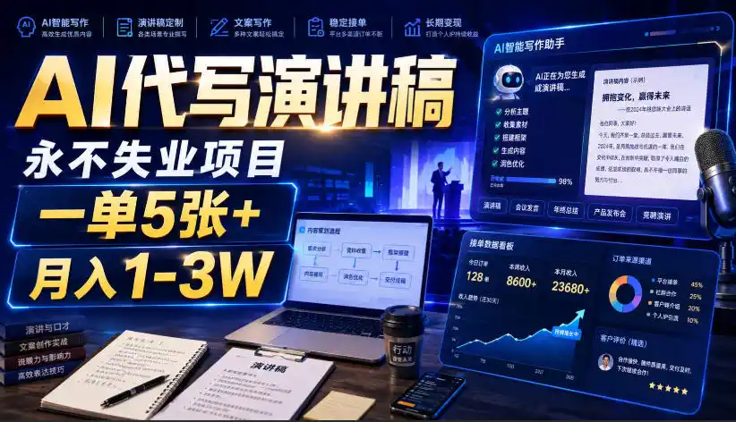 初创源码资源站 AI代写演讲稿永不失业项目一单5张+月入1 3W揭秘