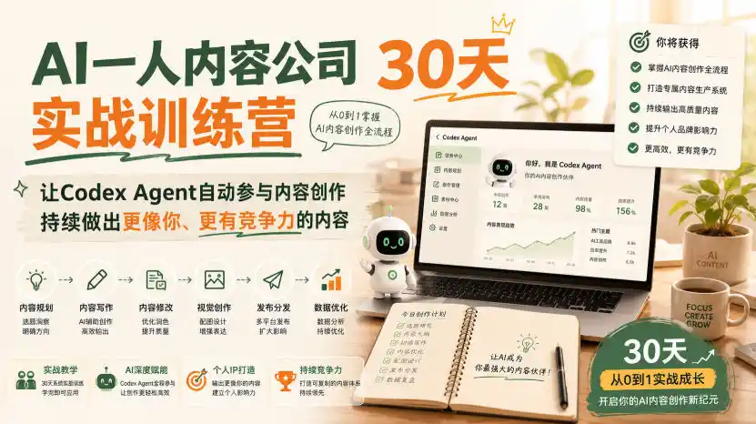 初创源码资源站 AI一人内容公司30天实战训练营让Codex Agent自动参与内容创作持续做出更像你更有竞争力的内容
