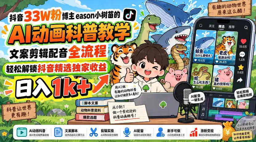 抖音33W粉博主eason小树苗的AI动画科普教学，文案剪辑配音全流程，轻松解锁抖音精选独家收益，日入1k+-初创源码资源站