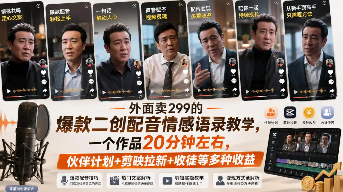 外面卖299的爆款二创配音情感语录教学，一个作品20分钟左右，伙伴计划+剪映拉新+收徒等多种收益-初创源码资源站