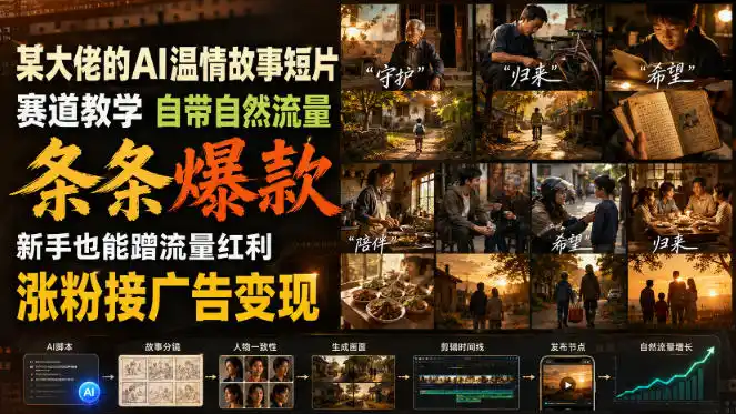 某大佬的AI温情故事短片赛道教学，自带自然流量，条条爆款，新手也能蹭流量红利，涨粉接广告变现-初创源码资源站
