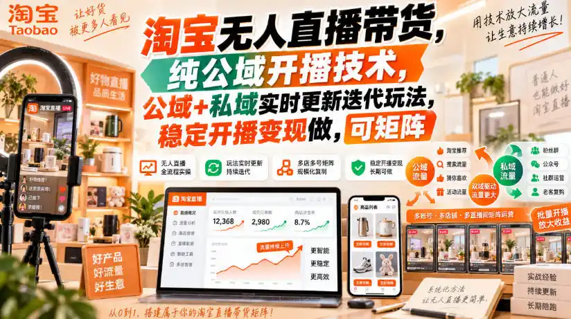 淘宝无人直播带货，纯公域开播技术，公域+私域实时更新迭代玩法，稳定开播变现做，可矩阵【揭秘】-初创源码资源站