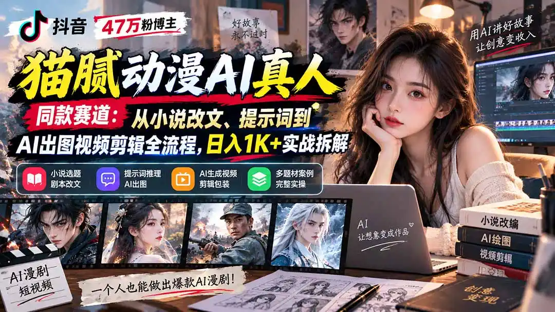 抖音47万粉博主猫腻动漫AI真人同款赛道：从小说改文、提示词到AI出图视频剪辑全流程，日入1K+实战拆解 - 初创源码资源站-初创源码资源站