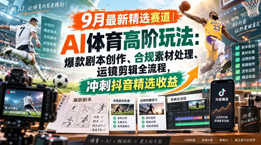 某大佬的9月最新精选赛道之AI体育顶级玩法，爆款剧本创作、版权规避、运镜剪辑全流程，稳拿抖音精选收益-初创源码资源站
