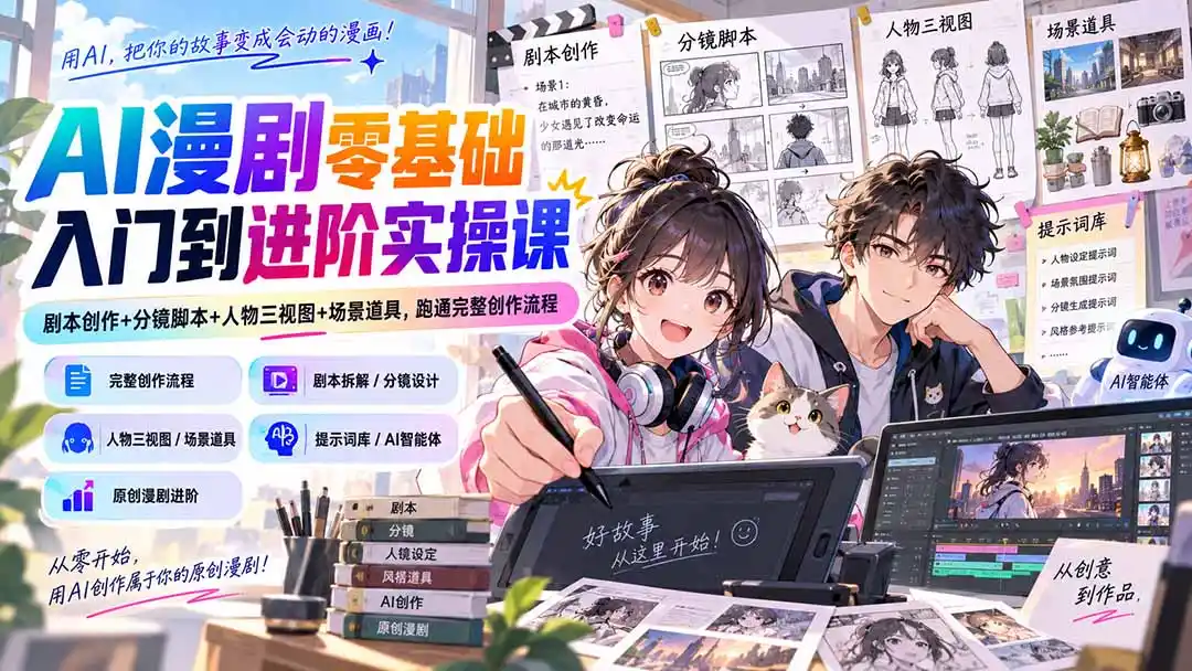 AI漫剧零基础入门到进阶实操课：剧本创作+分镜脚本+人物三视图+场景道具，跑通完整创作流程-初创源码资源站