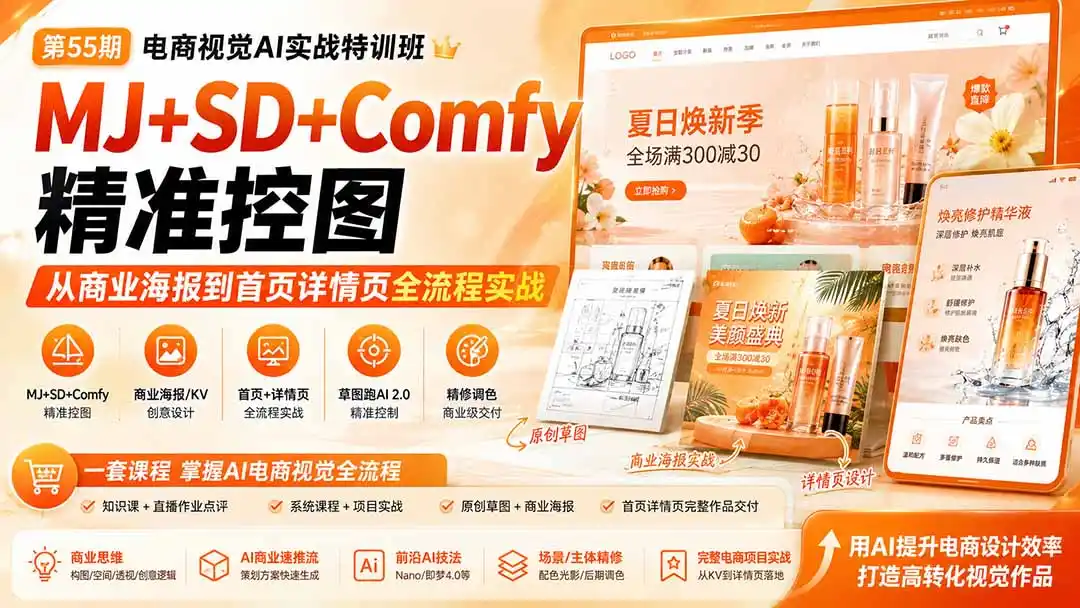 电商视觉 AI实战训练营第55期：MJ+SD+Comfy精准控图，从商业海报到首页详情页全流程实战-初创源码资源站