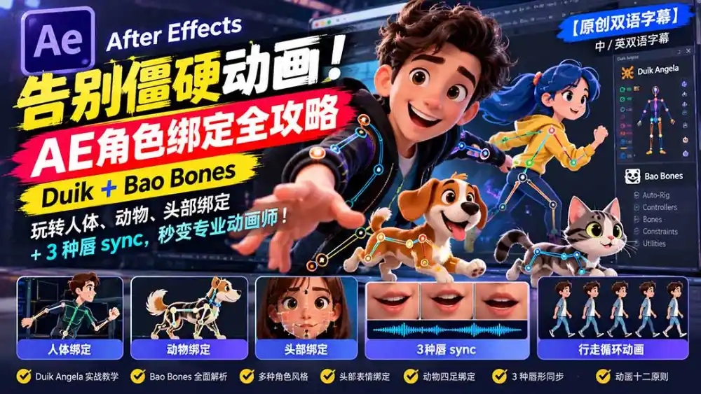 【无水印】告别僵硬动画！AE 角色绑定全攻略：Duik+Bao Bones玩转人体/动物/头部绑定+3种唇sync，秒变专业动画师-初创源码资源站