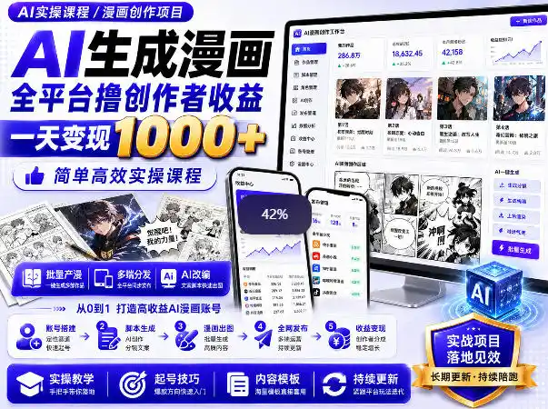 AI生成漫画全平台撸创作者收益内部课程，实操最高单日变现1k+ - 初创源码资源站-初创源码资源站