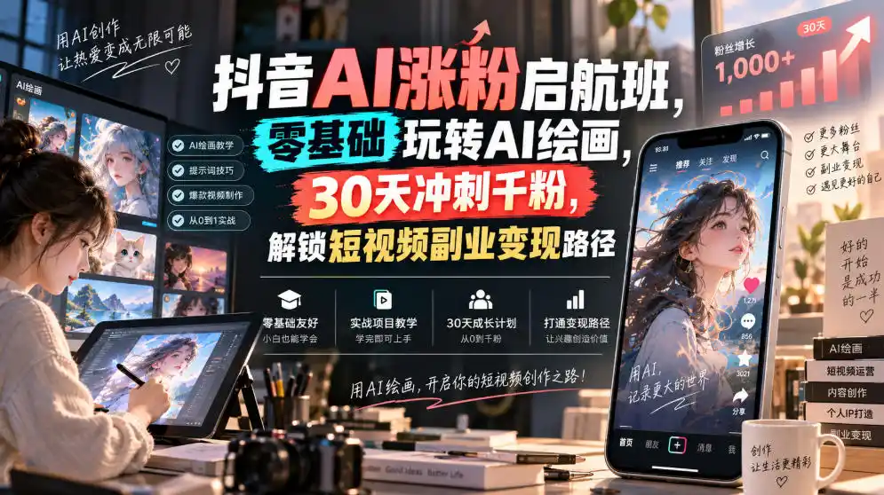 初创源码资源站 抖音AI涨粉启航班零基础玩转AI绘画30天冲刺千粉解锁短视频副业变现路径