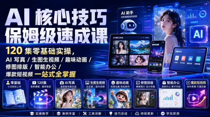 AI核心技巧保姆级速成课｜120集零基础实操，AI写真/生图生视频/趣味动画/修图排版/智能办公/爆款短视频一站式全掌握-初创源码资源站
