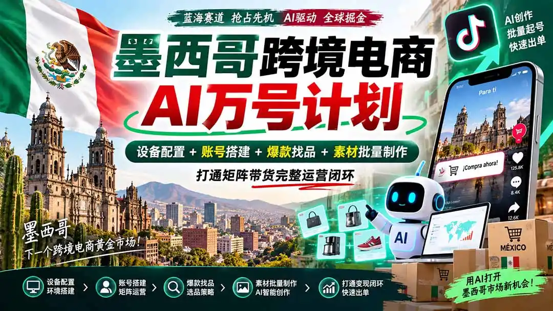 墨西哥AI跨境电商万号计划｜设备配置+账号搭建+爆款找品+素材批量制作，打通矩阵带货完整运营闭环-初创源码资源站