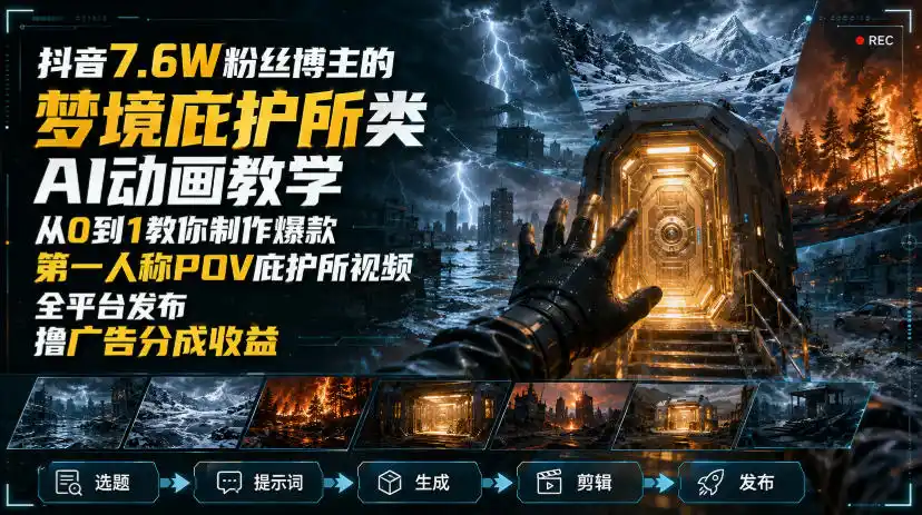初创源码资源站 抖音76W粉丝博主的梦境庇护所类AI动画教学从0到1教你制作爆款第一人称POV庇护所视频全平台发布撸广告分成收益
