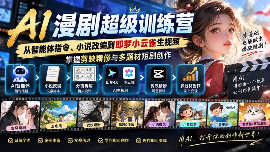 AI漫剧超级特训营：从智能体指令、小说改编到即梦小云雀生视频，掌握剪映精修与多题材短剧创作-初创源码资源站