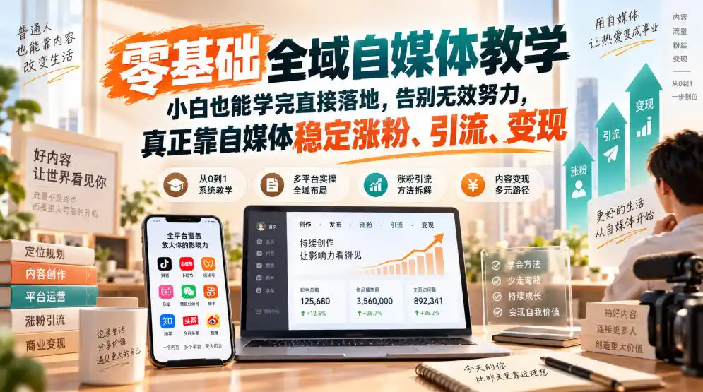 零基础全域自媒体教学，小白也能学完直接落地，告别无效努力，真正靠自媒体稳定涨粉、引流、变现-初创源码资源站