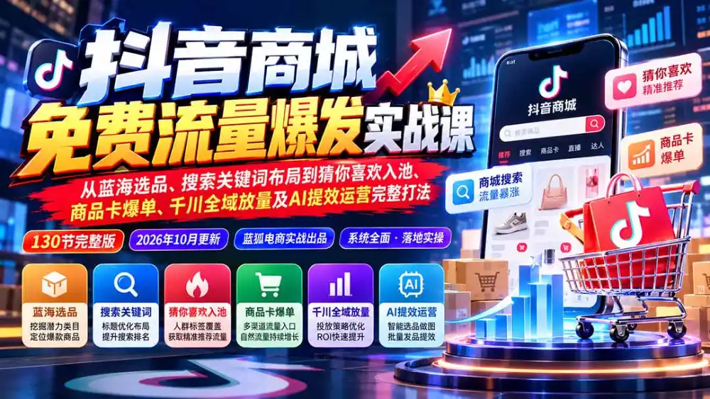 抖店城免费流量爆发实战-更新：蓝海选品、搜索关键词布局到猜你喜欢入池、商品卡爆单、千川全域放量及AI提效完整打法-初创源码资源站