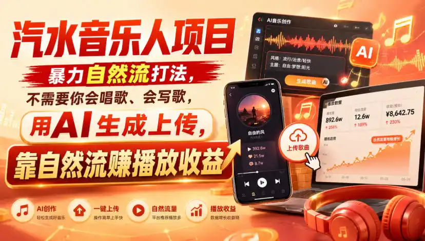 汽水音乐人项目，暴力自然流打法，不需要你会唱歌、会写歌，用AI生成上传，靠自然流賺播放收益-初创源码资源站