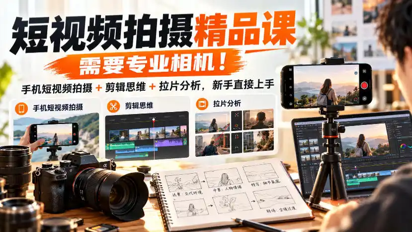 短视频拍摄精品课，需要专业相机！手机短视频拍摄+剪辑思维+拉片分析，新手直接上手-初创源码资源站
