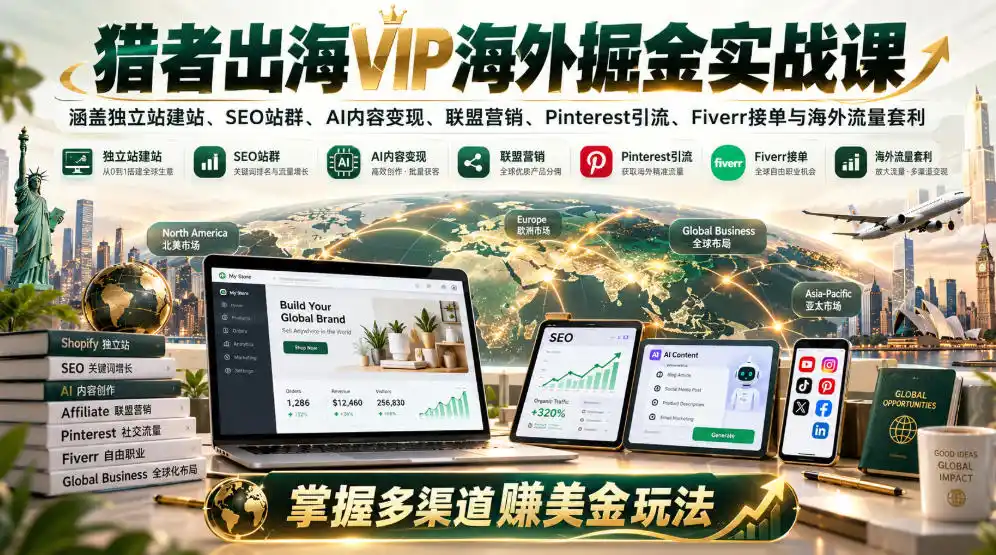 猎者出海VIP海外掘金实战课：涵盖独立站、SEO站群、AI变现、联盟营销、Pinterest引流、Fiverr接单与海外流量套利，掌握多渠道賺美金玩法-初创源码资源站