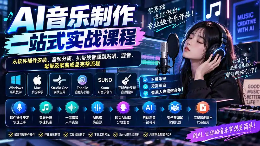 AI音乐制作一站式实战课程：从软件插件安装、音频分离、扒带换音源到贴唱、混音、母带及歌曲成品完整流程-初创源码资源站