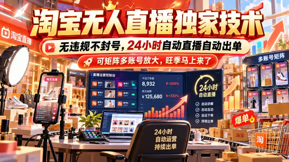 淘宝无人直播独家技术，无违规不封号，24小时自动直播自动出单，可矩阵多账号放大，旺季马上来了【揭秘】-初创源码资源站