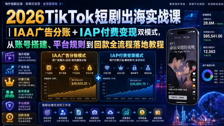 初创源码资源站 2026TikTok短剧出海实战课|IAA广告分账+IAP付费变现双模式从账号搭建平台规则到回款全流程落地教程