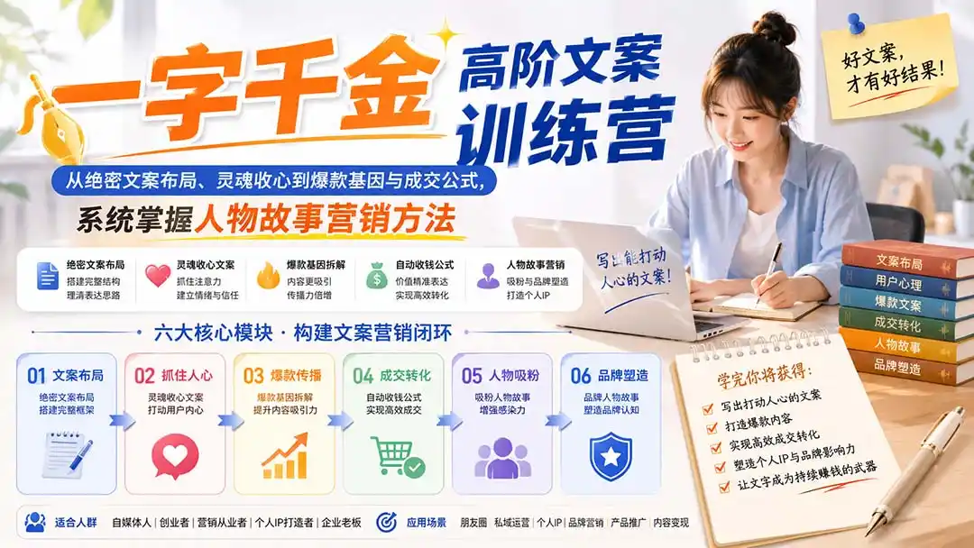 一字千金高阶文案训练营：从绝密文案布局、灵魂收心到爆款基因与成交公式，系统掌握人物故事营销方法 - 初创源码资源站-初创源码资源站