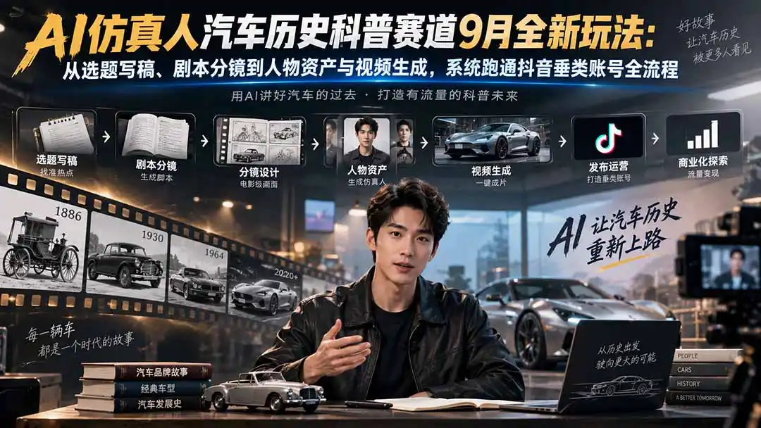 AI仿真人汽车历史科普赛道9月全新玩法：从选题写稿、剧本分镜到人物资产与视频生成，系统跑通抖音垂类账号全流程-初创源码资源站