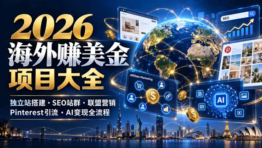 2026海外赚美金项目大全：独立站搭建、SEO站群、联盟营销、Pinterest引流与AI变现全流程-初创源码资源站