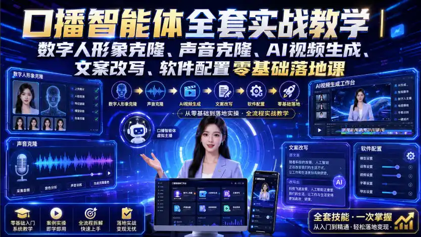 初创源码资源站 口播智能体全套实战教学|数字人形象克隆声音克隆AI视频生成文案改写软件配置零基础落地课