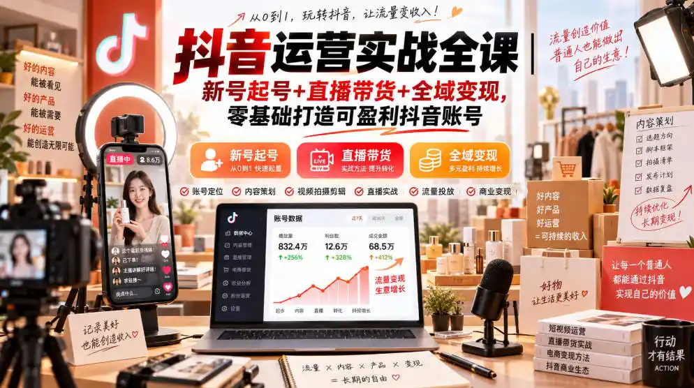 初创源码资源站 抖音运营实战全课|新号起号+直播带货+全域变现零基础打造可盈利抖音账号
