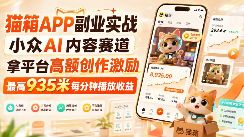 猫箱APP副业实战，小众AI内容赛道，拿平台高额创作激励，最高935米每分钟播放收益-初创源码资源站