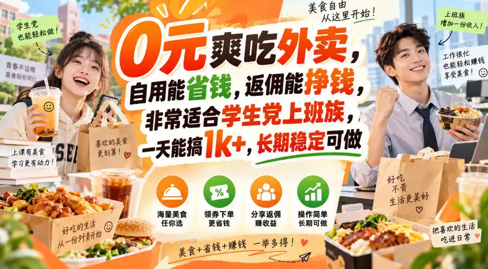 0元爽吃外卖，自用能省钱，返佣能挣钱，非常适合学生党上班族，一天能搞1k+，长期稳定可做-初创源码资源站