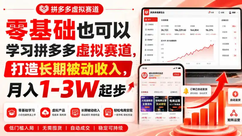 零基础也可以学习拼多多虚拟赛道，打造长期被动收入，月入1-3W起步-初创源码资源站