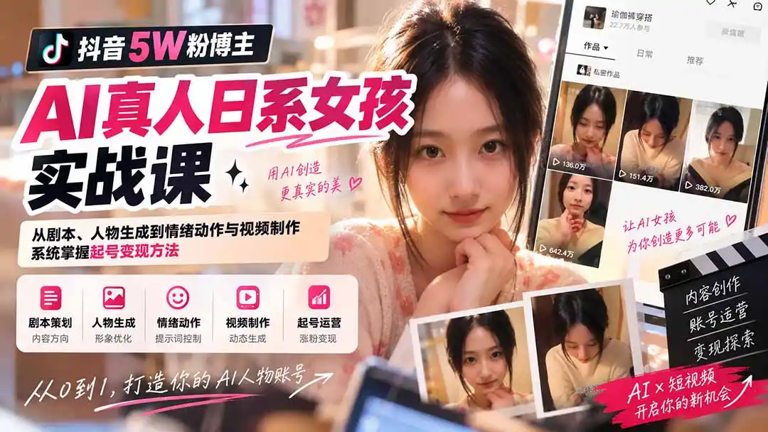 抖音5W粉博主AI真人日系女孩实战课：从剧本、人物生成到情绪动作与视频制作，系统掌握起号变现方法-初创源码资源站
