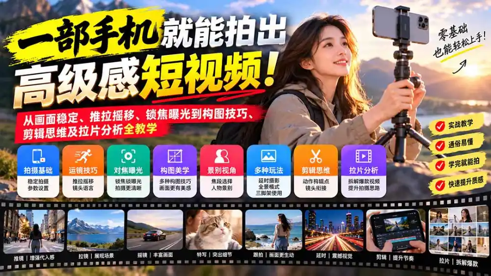 一部手机就能拍出高级感短视频！从画面稳定、推拉摇移、锁焦曝光到构图技巧、剪辑思维及拉片分析全教学-初创源码资源站