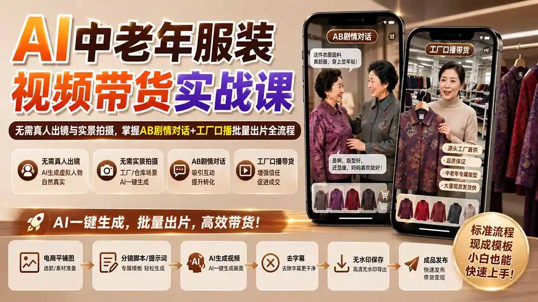 AI中老年服装视频带货实战课：无需真人出镜与实景拍摄，掌握AB剧情对话+工厂口播批量出片全流程-初创源码资源站