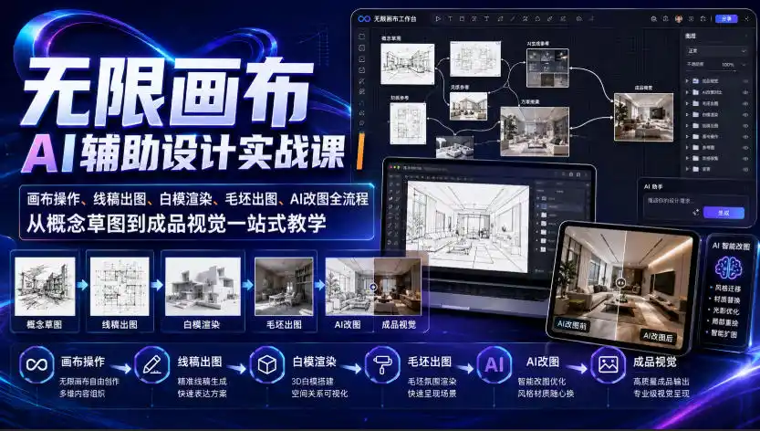 初创源码资源站 无限画布AI辅助设计实战课|画布操作线稿出图白模渲染毛坯出图AI改图全流程从概念草图到成品视觉一站式教学