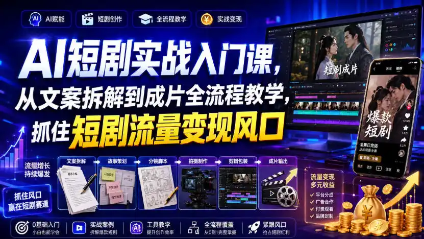 AI短剧实战入门课，从文案拆解到成片全流程教学，抓住短剧流量变现风口-初创源码资源站