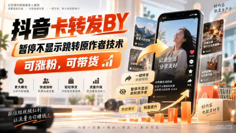 抖音卡转发搬运，暂停不显示跳转原作者技术，可涨粉，可带货-初创源码资源站
