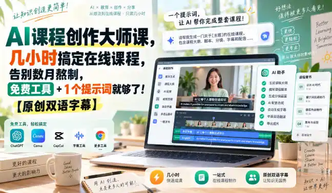 AI课程创作大师课，几小时搞定在线课程，告别数月熬制，免费工具+1个提示词就够了！【原创双语字幕】-初创源码资源站